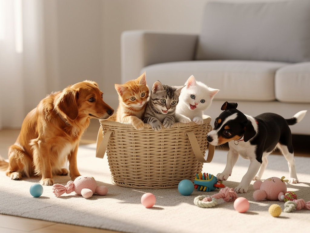 Chatons et chiens jouant ensemble dans un panier - illustration accueil compagnon