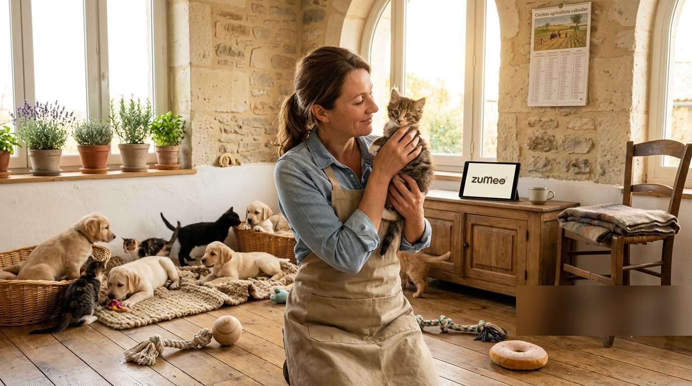 Éleveuse de chatons et chiots, professionnelle certifiée, symbole de qualité d'élevage et de bien-être animal
